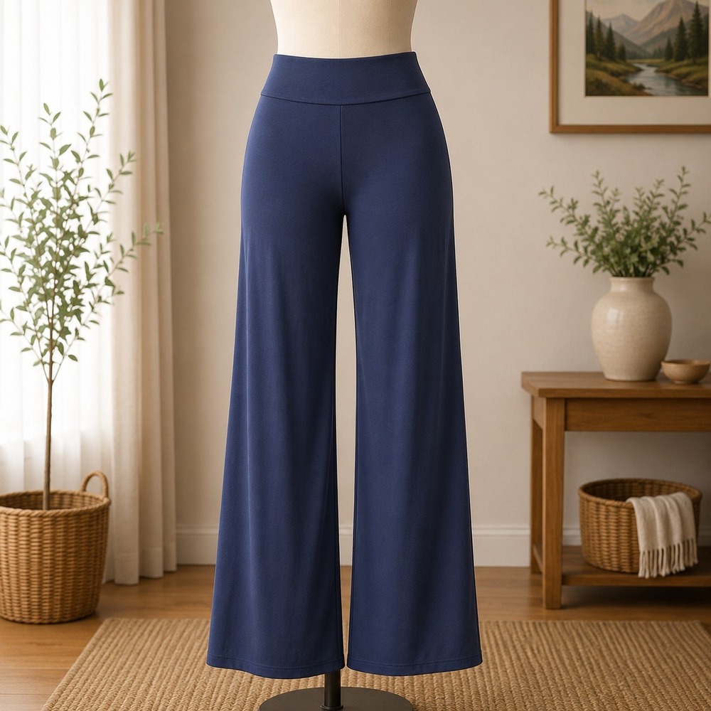 Dennis Basso Wide Leg Pants Womens Medium Blue Stretch Flat Front Flowy Trousers